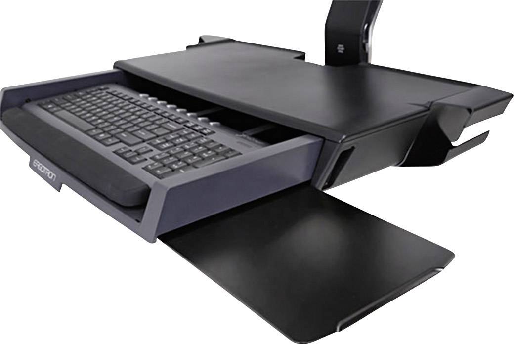 Výsuvná klávesnice s podstavcem na notebook, vhodná pro ergonomické kancelářské vybavení, černá, se zásuvkou.