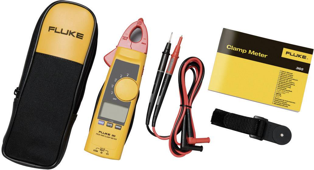 Digitální klešťový ampérmetr Fluke s pouzdrem, měřicími vodiči, návodem k obsluze a suchým zipem, určený pro měření elektrického proudu.
