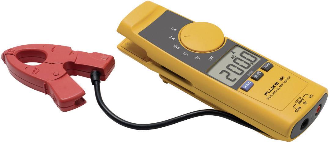 Žluté digitální multimetr s měřicími kleštěmi zobrazuje '20,00' na displeji. Používá se k měření elektrického napětí.