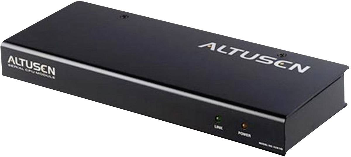 Černá zařízení Altusen v krabici s označením 'ALTUSEN' a 'ACCESS OVER IP SOLUTION'. Dva LED indikátory, jeden zelený (LINK) a jeden oranžový (POWER).