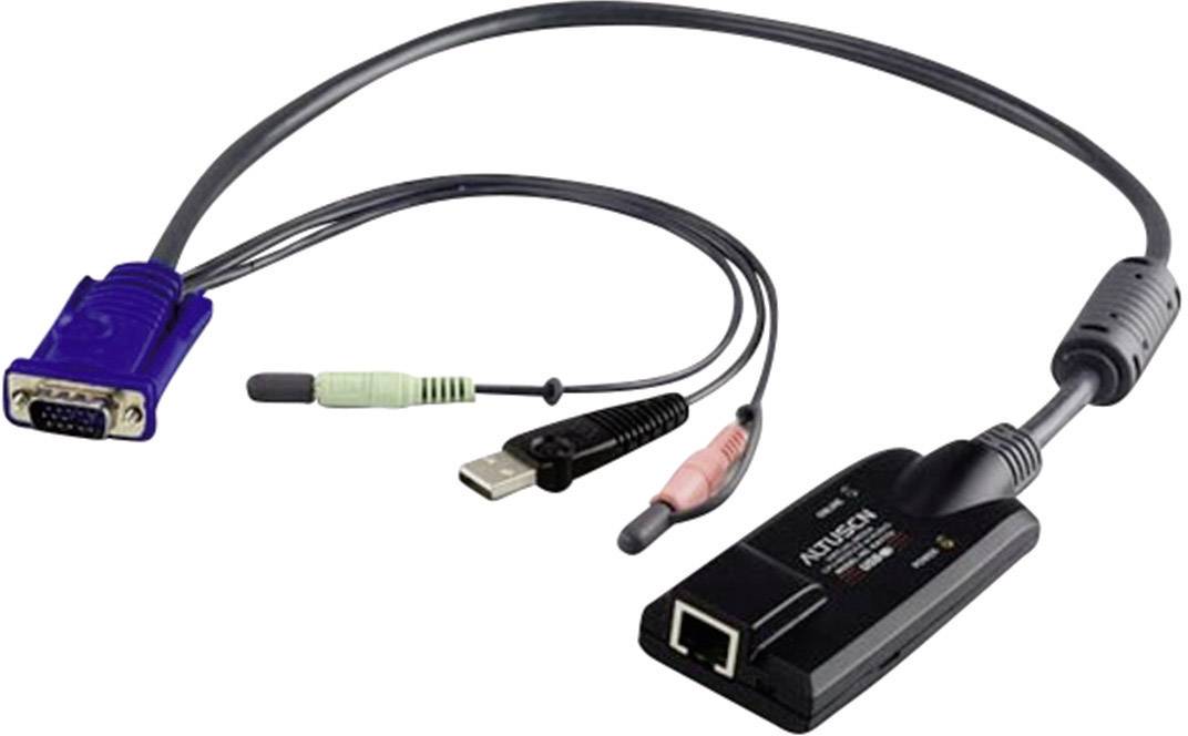 KVM přepínač s kabely VGA, USB a audio konektory, který umožňuje připojení a přepínání mezi několika počítači.