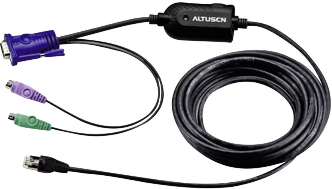 KVM kabel s VGA konektorem a PS/2 konektory v barvách fialové a zelené pro klávesnici a myš, s černým tělem.