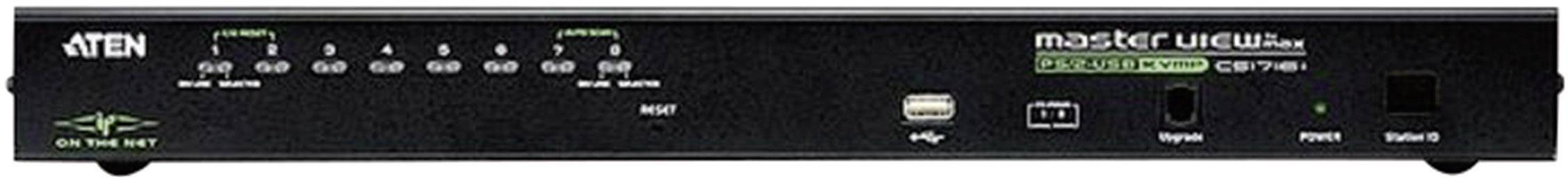 Černý KVM přepínač ATEN MasterView se čtyřmi USB a VGA porty, indikačními světly aktivních připojení a vypínačem.