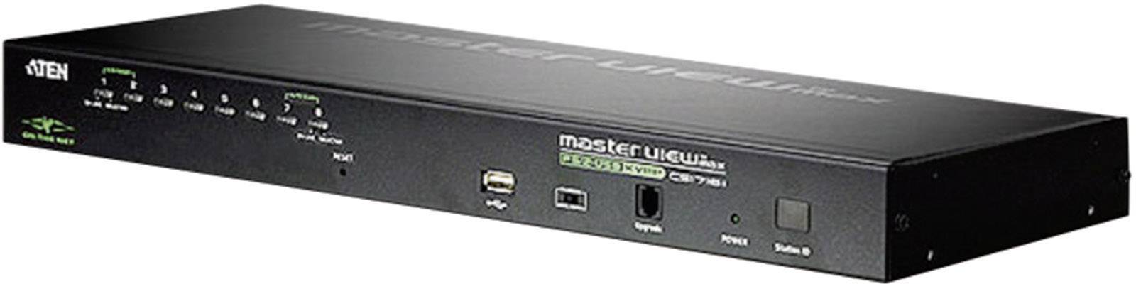 Černý KVM přepínač od společnosti ATEN s několika porty a konektory. Konektory zařízení jsou viditelné na přední straně.