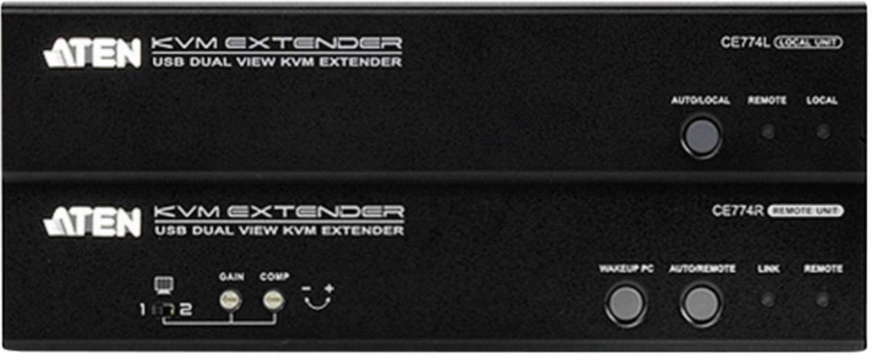 Dva černé KVM extendery od ATEN, modely CE774L a CE772R, pro USB Dual View. Štítky zobrazují 'Local' a 'Remote'.
