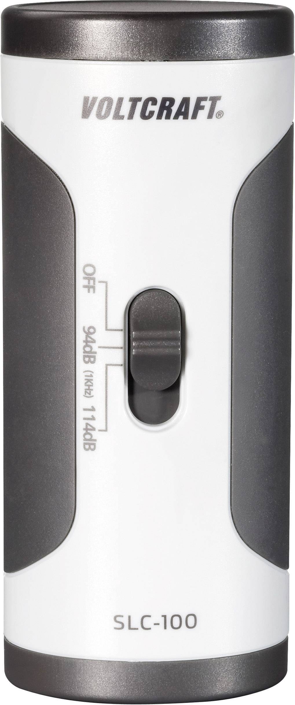 Zařízení od Voltcraftu, model SLC-100, s přepínačem pro výběr mezi '9dB hluku' a '114dB'.
