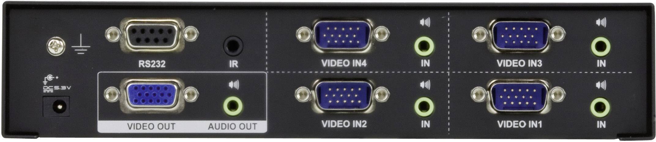 Elektronické zařízení se šesti VGA porty, RS232 rozhraním, IR vstupem a audio výstupem, vhodné pro přenos audiovizuálních signálů.