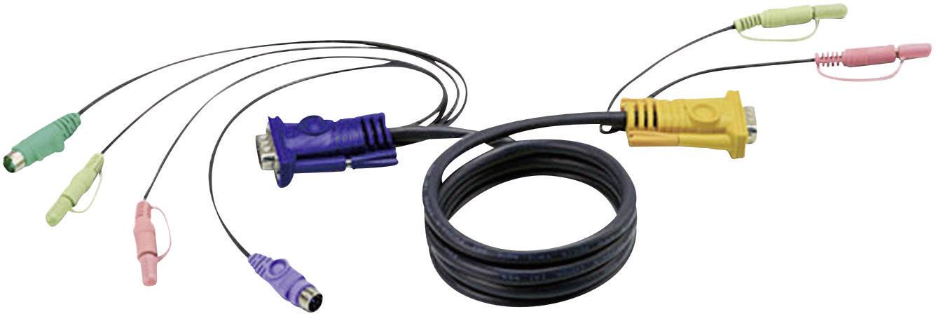 KVM kabel s barevně rozlišenými konektory pro klávesnici, monitor a myš, propojené pomocí kulatého, svazovaného kabelového vedení.