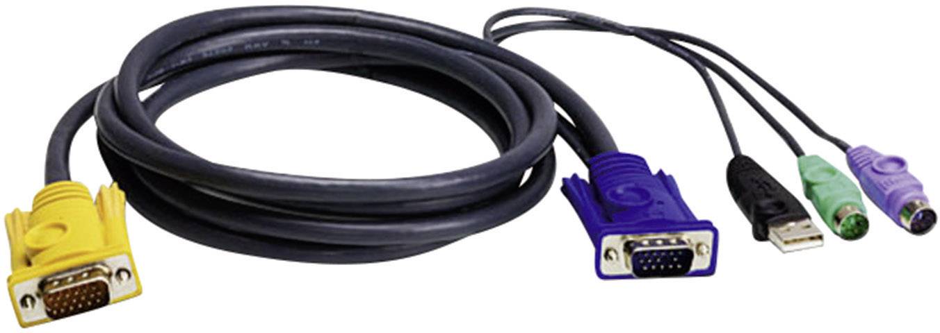 KVM přepínací kabel s VGA, USB a PS/2 konektory; slouží k propojení a ovládání několika počítačů pomocí jediné klávesnice a myši.