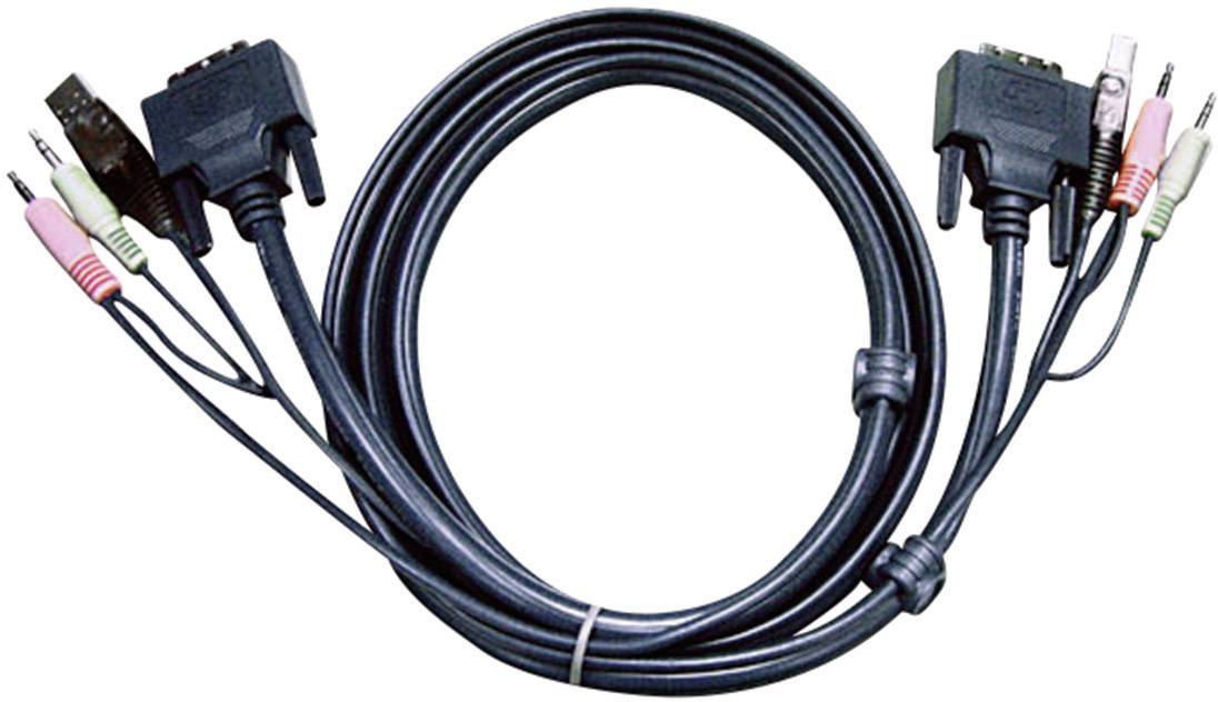 Černý KVM kabel s konektory pro PS/2 klávesnici, PS/2 myš a VGA video, který umožňuje přepínání mezi dvěma počítači.