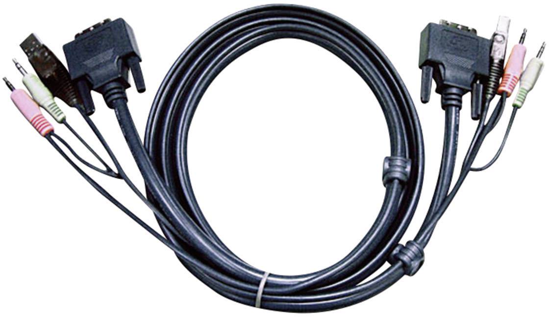 VGA kabel s několika konektory, včetně VGA a audio konektorů, vhodný pro připojení počítače a monitoru.