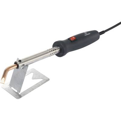 Pájecí pero s černou rukojetí a červeným spínačem odpočívá na kovovém stojanu. Vhodné pro pájení elektrických komponentů.