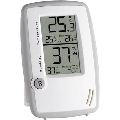 Digitální teploměr a vlhkoměr s displejem zobrazujícím teplotu '25,3°C' a relativní vlhkost vzduchu '37%', včetně minimálních a maximálních hodnot.