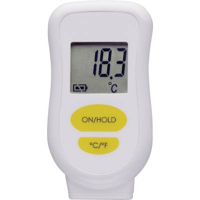 Digitální teploměr ukazuje '18,3 °C'. Dva žluté tlačítka pod ním jsou označeny nápisem 'ON/HOLD' a '°C/°F'.