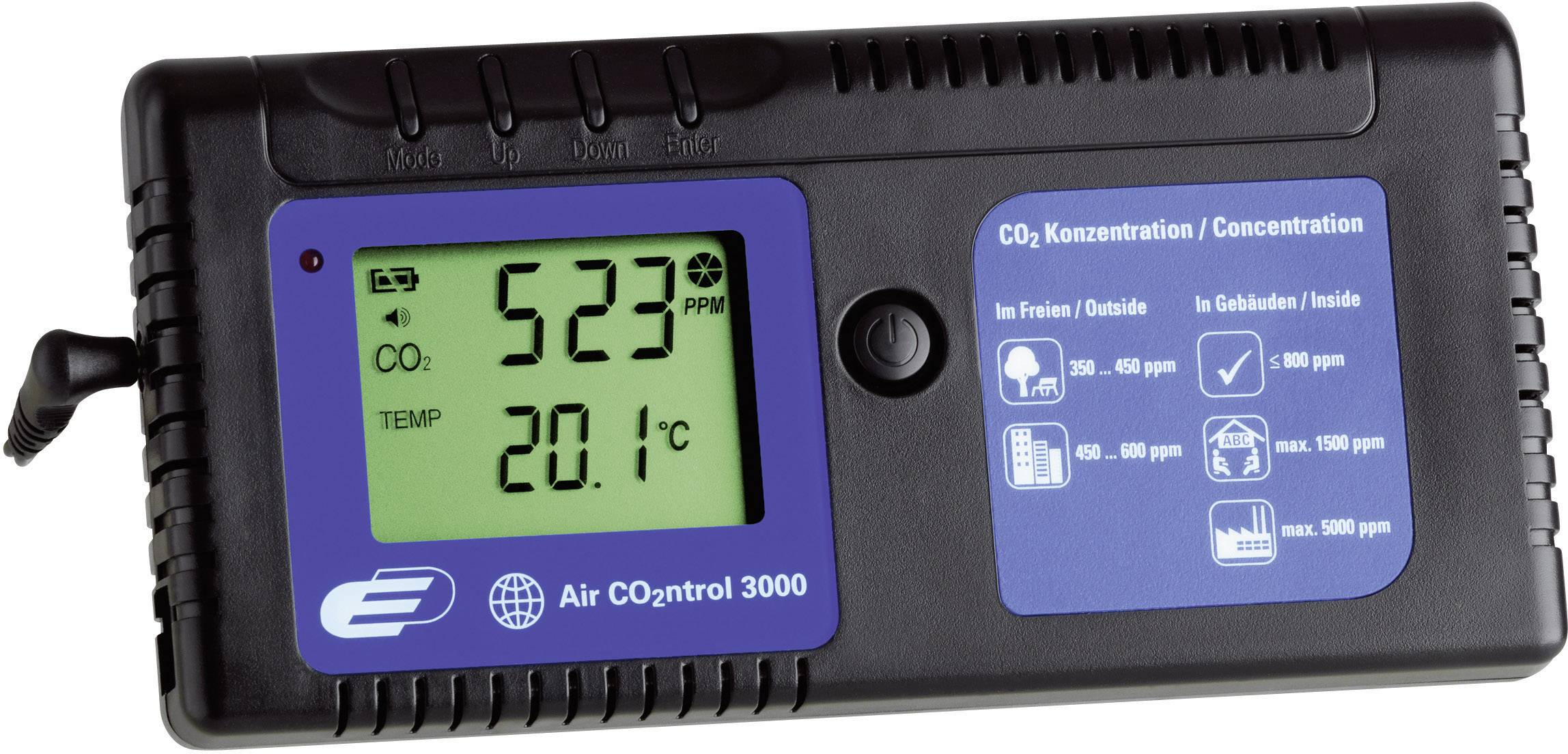 CO2 měřicí přístroj s digitálním displejem ukazuje 523 ppm CO2 a teplotu 20,1°C, vhodný pro monitorování vnitřního prostoru.
