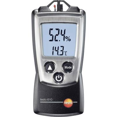 Digitální vlhkoměr ukazuje 52,4 % relativní vlhkosti a 14,3 °C teploty. Typ přístroje: Testo 610.