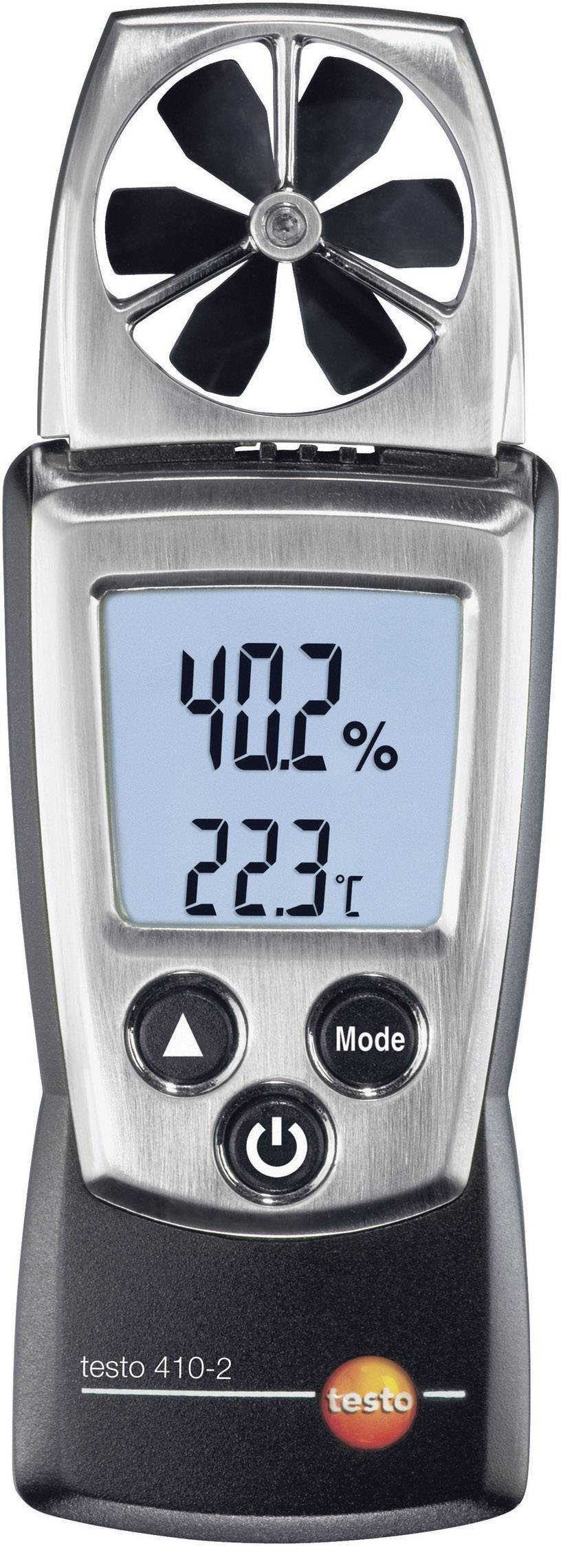 Digitální anemometr zobrazuje '40,2 %' a '22,3 °C', s tlačítky pro výběr módu a zapnutí.