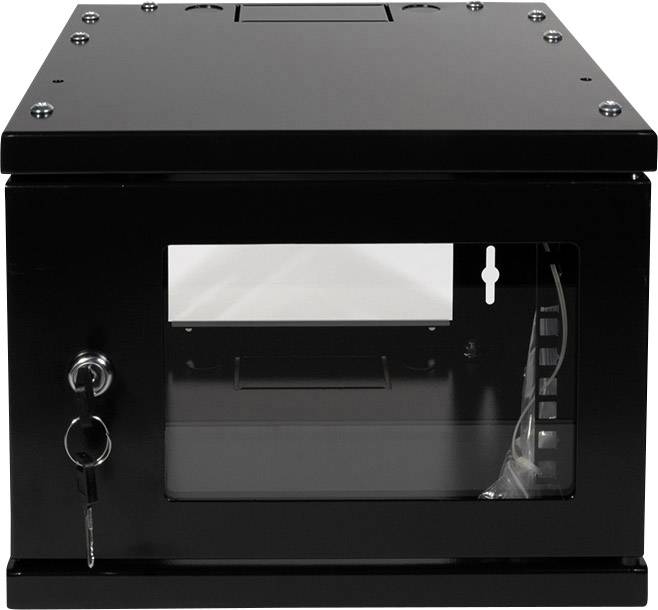 Černý kovový box s uzavíracím mechanismem a průhledným okénkem, klíč v zámku, vhodný pro bezpečné uložení.