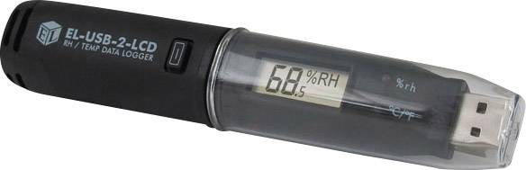 Černý USB datalogger s displejem zobrazuje '68% RH', vhodný pro měření teploty a vlhkosti vzduchu.