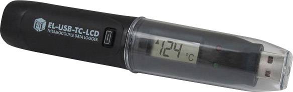 Přenosný termočlánkový datalogger s USB portem a LCD displejem, který zobrazuje teplotu na malém displeji.