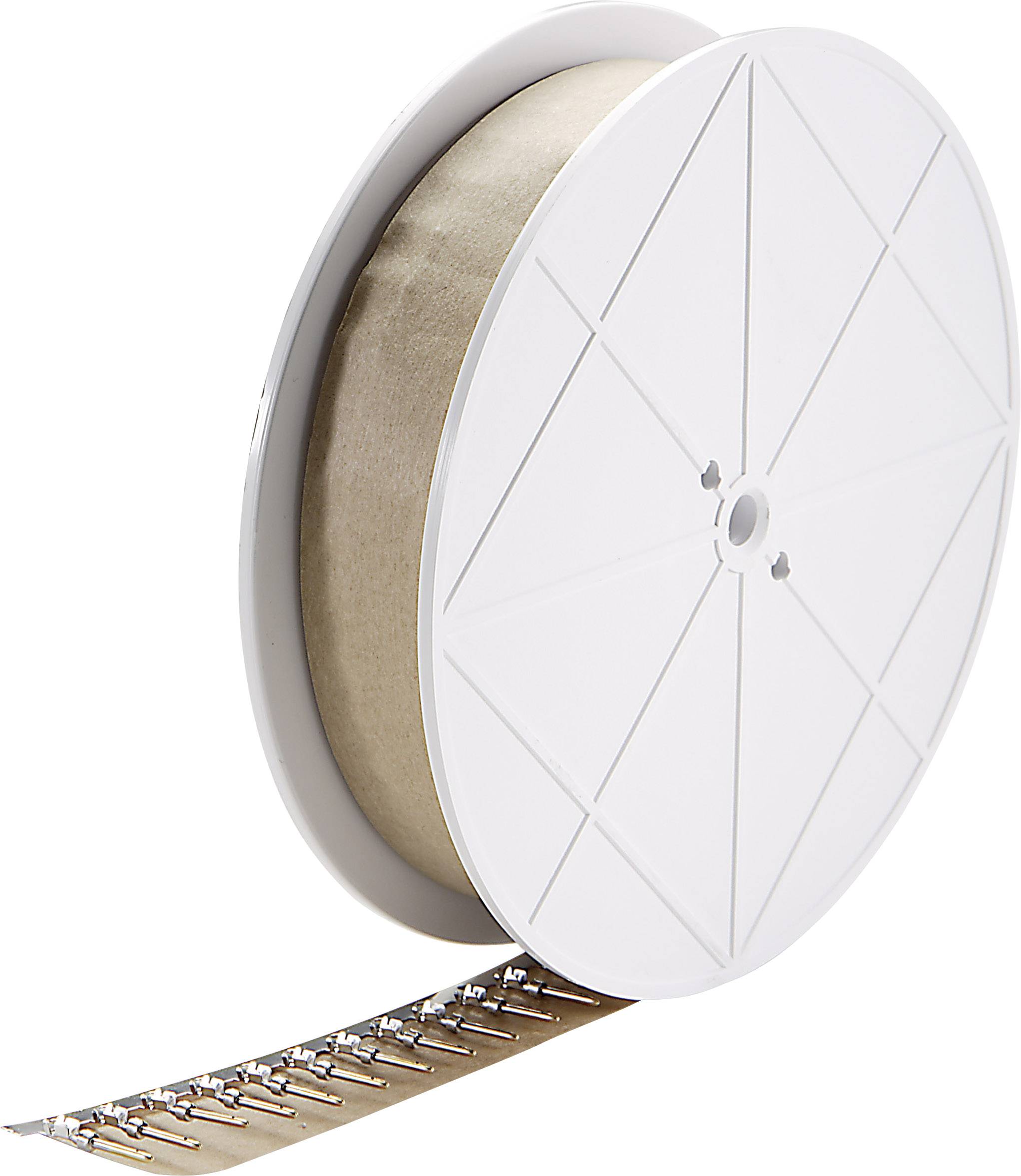 Role s kovovými kontakty upevněnými na pásu je znázorněna. Zdá se, že je určena pro průmyslovou výrobu.