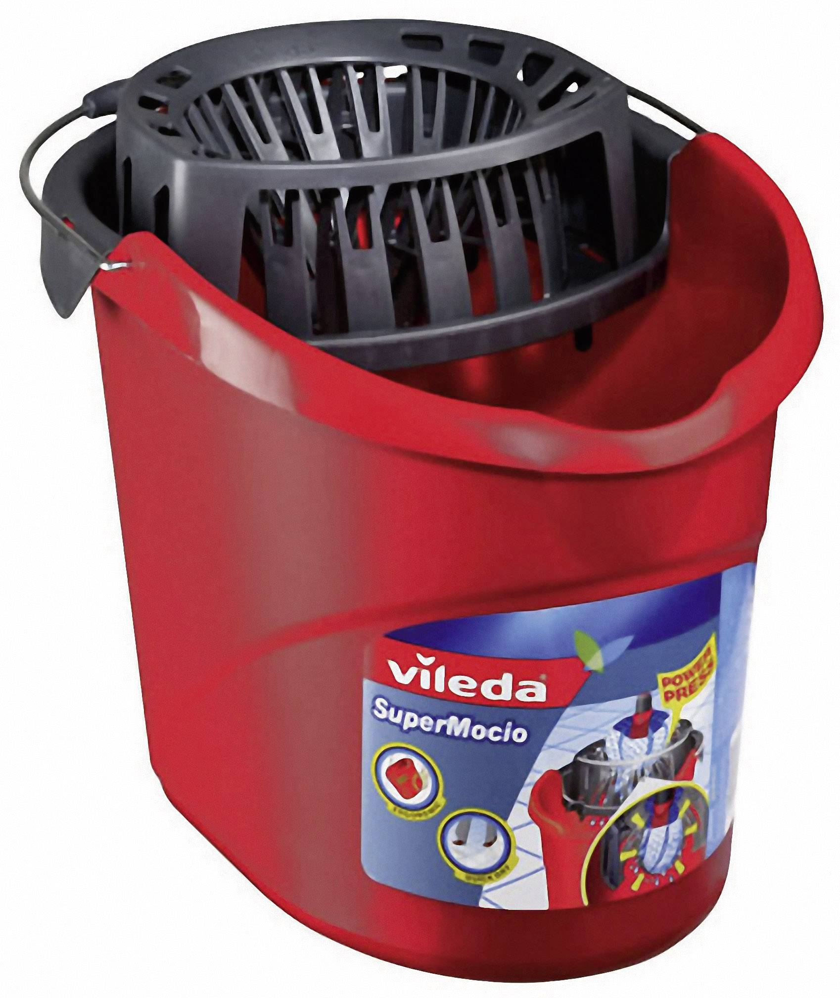 Červený kbelík se černým ždímačem nahoře, značky 'Vileda SuperMocio', vhodný pro úklid podlahy. Firemní logo a produktový štítek viditelné.
