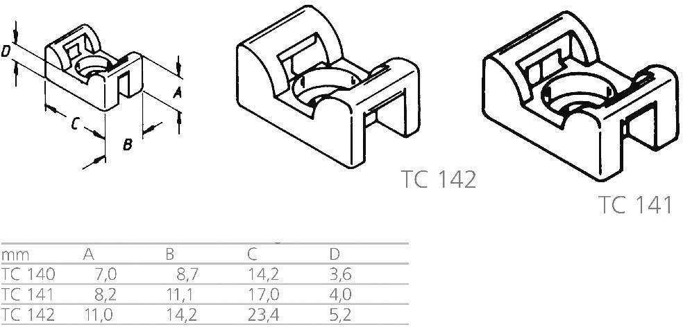 Technický výkres se třemi komponenty (TC 140, TC 141, TC 142). Tabulka zobrazuje rozměry v mm: TC 140 (A: 7,0), TC 141 (A: 11,0), TC 142 (A: 8,2).