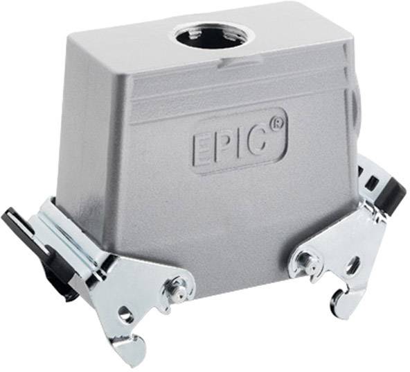Obdélníkový šedý kryt průmyslového konektoru s kovovými sponkami po stranách a nápisem 'EPIC'.