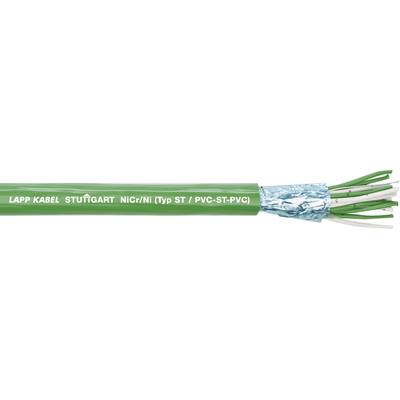 Zelený kabel s bílým textem 'LAPP KABEL STUTTGART N(C)Y (typ ST / PVC-ST-PVC)'. Rozříznutá část odhaluje vnitřní vodič.
