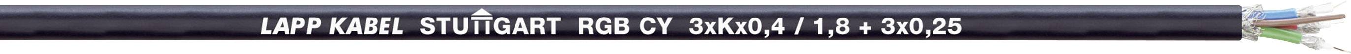 Kabel s nápisem 'Lapp Kabel Stuttgart H05VV-F 3G0,75', černý, vlevo je vidět začátek barevné izolace drátu.