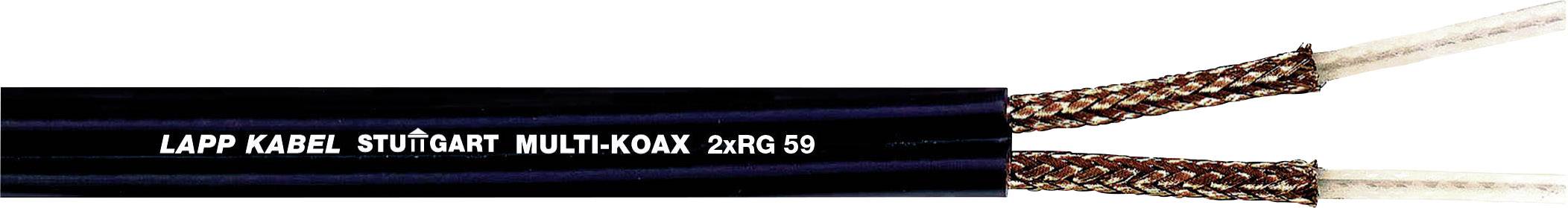 Černý kabel s nápisem 'Lapp Kabel Stuttgart Multi-Koax 2-RG 59' je zobrazen s otevřenými konci a splétaným měděným pláštěm.