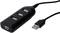 Černý USB hub se třemi USB porty a jedním USB konektorem, připravený k připojení k počítači nebo jiným zařízením.