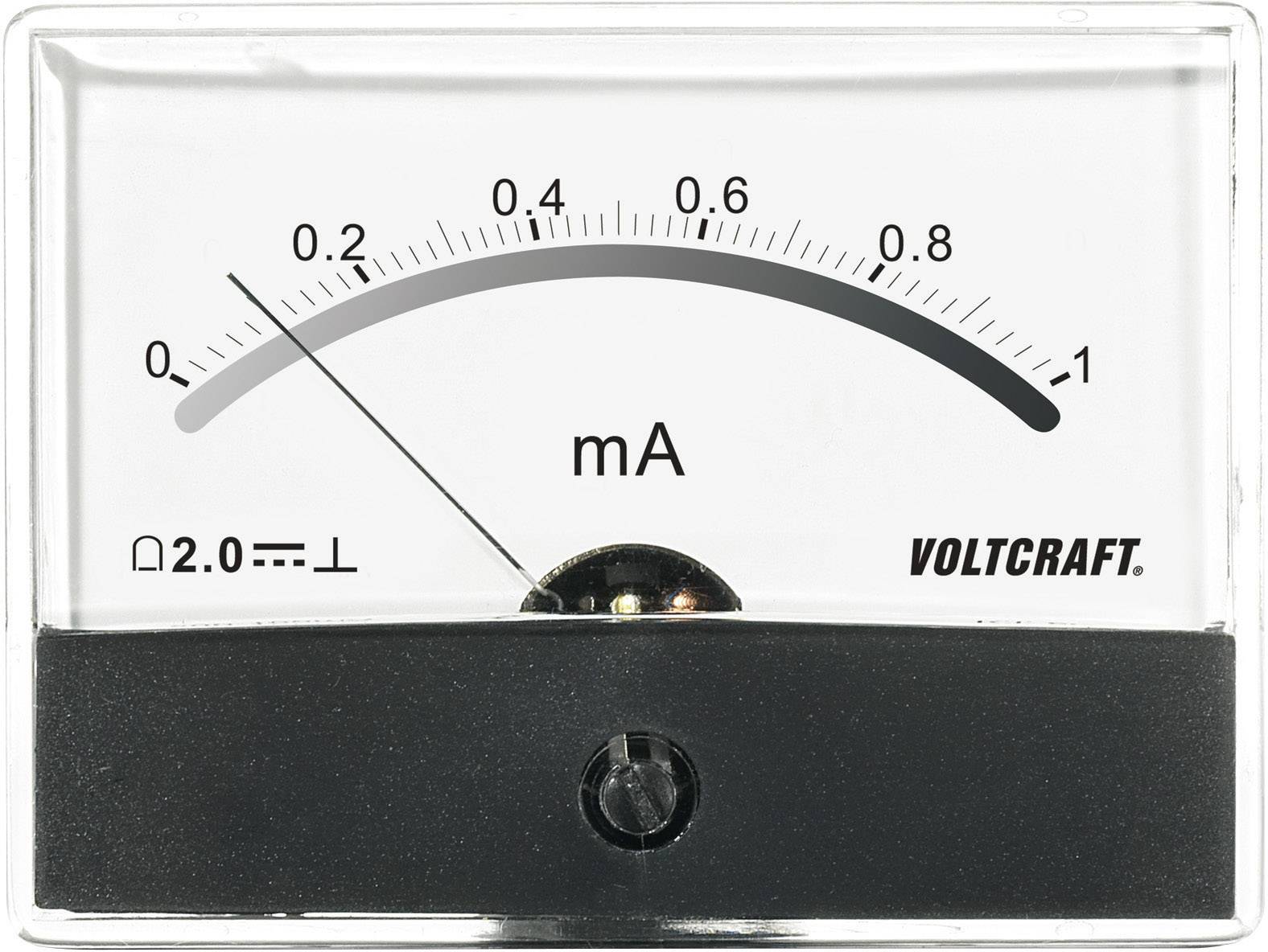 Analogový ampérmetr ukazuje proud 0,1 mA. Stupnice sahá od 0 do 1 mA. Značka: Voltcraft.