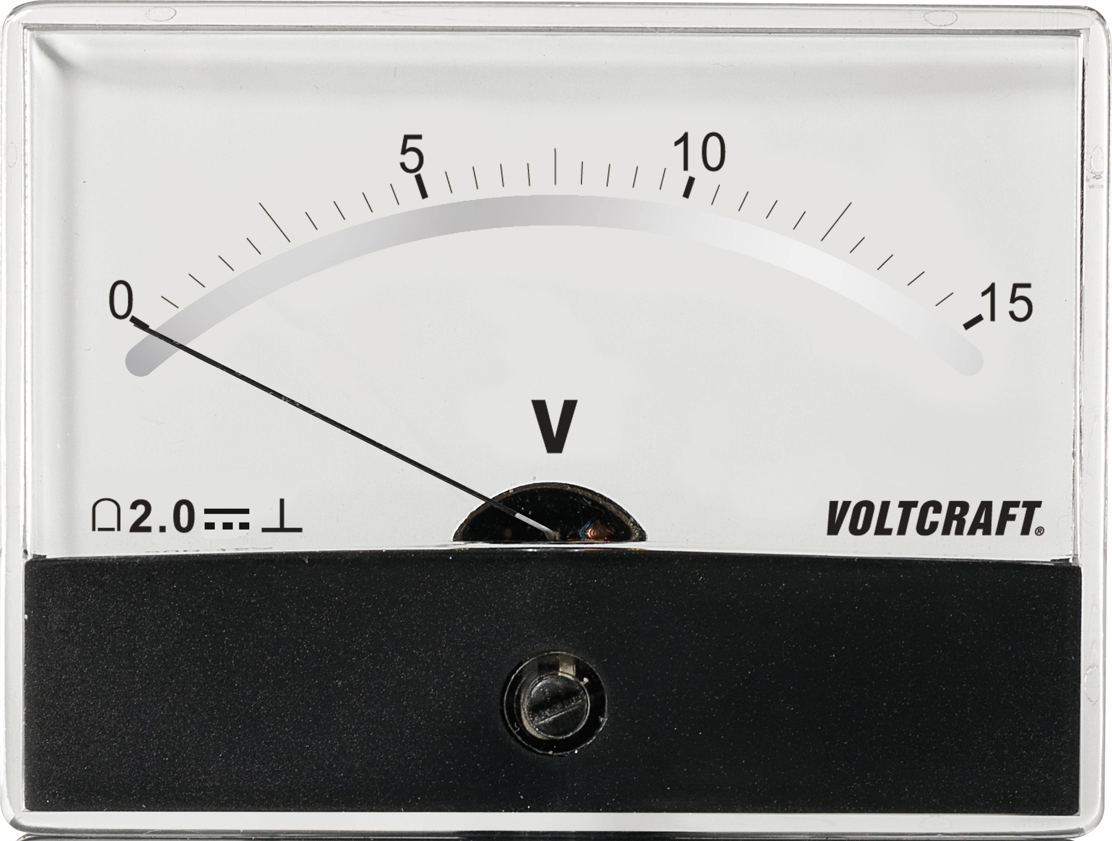 Analogový voltmetr ukazuje 0 voltů. Stupnice sahá od 0 do 15 voltů. Vlevo dole: Symboly přesnosti a elektrického uzemnění.