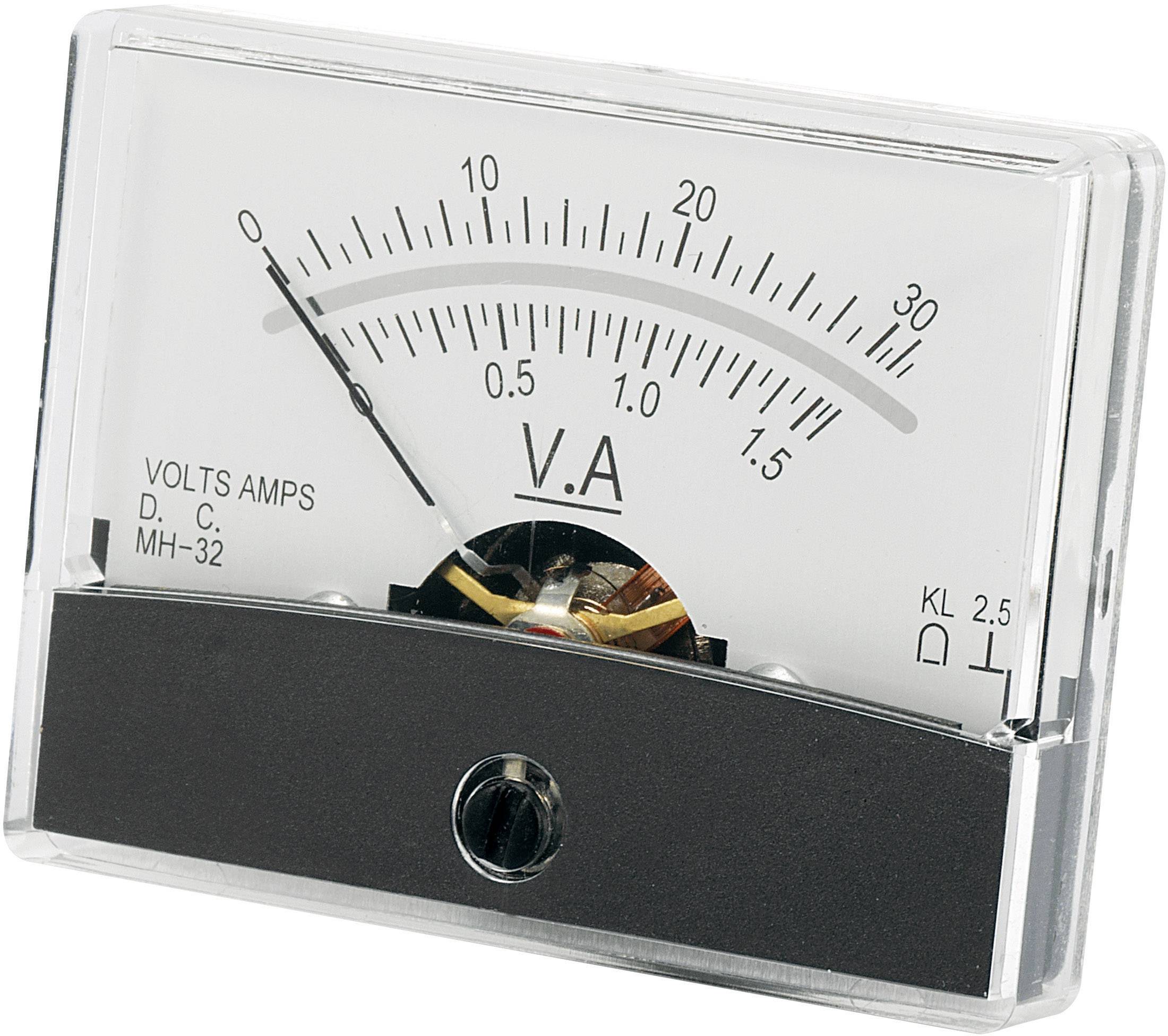Analogový ampérmetr se stupnicí od 0 do 3 ampérů a 0 do 30 voltů. Ručička ukazuje 1,5 ampéru. Přístroj pro měření stejnosměrného proudu.