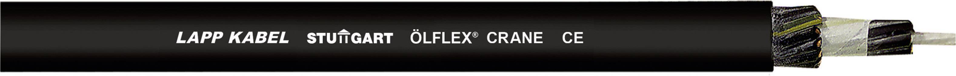 Černý kabel s nápisem 'LAPP KABEL STUTTGART ÖLFLEX CRANE 6G'. Svazky kabelů jsou viditelné na jednom konci.