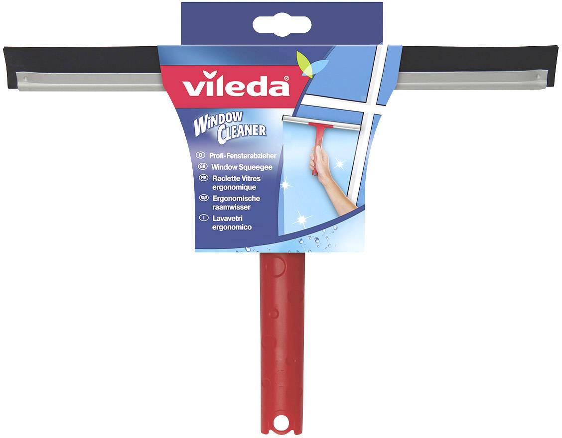 Stěrka na okna s ergonomickou rukojetí a černou gumovou lištou, vhodná pro čištění oken. Obal zobrazuje značku a příklad použití.