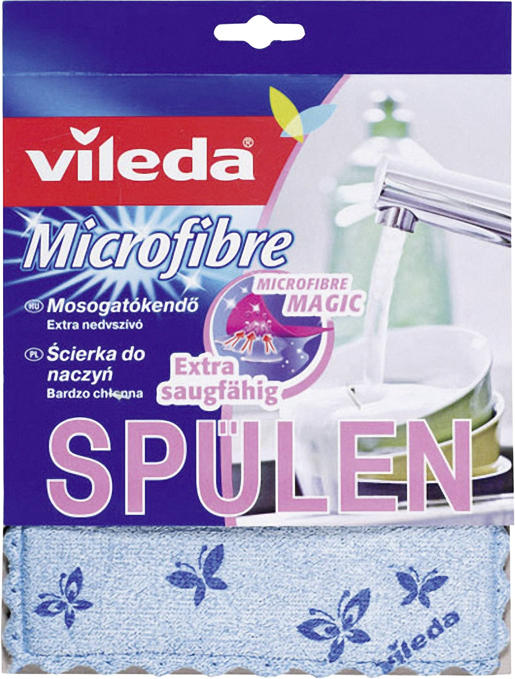 Obal modrého mikrohadříku Vileda na mytí nádobí. Text: 'Mimořádně savý'. V pozadí obrázek vodovodní baterie.