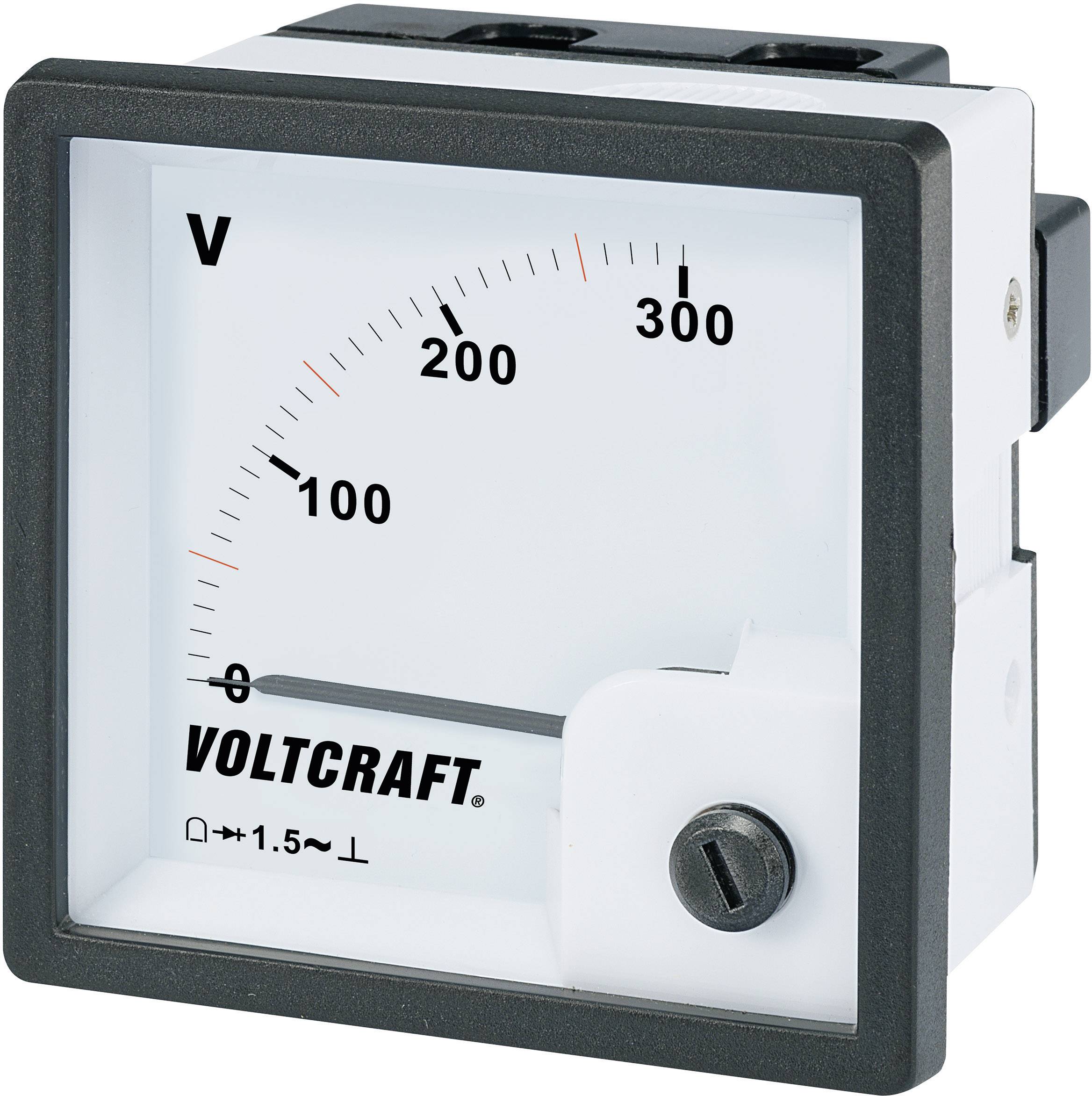 Analogový voltmetr ukazuje měřicí rozsah od 0 do 300 voltů, ručička je na 0. Značka 'VOLTCRAFT' je umístěna vlevo dole na přístroji.