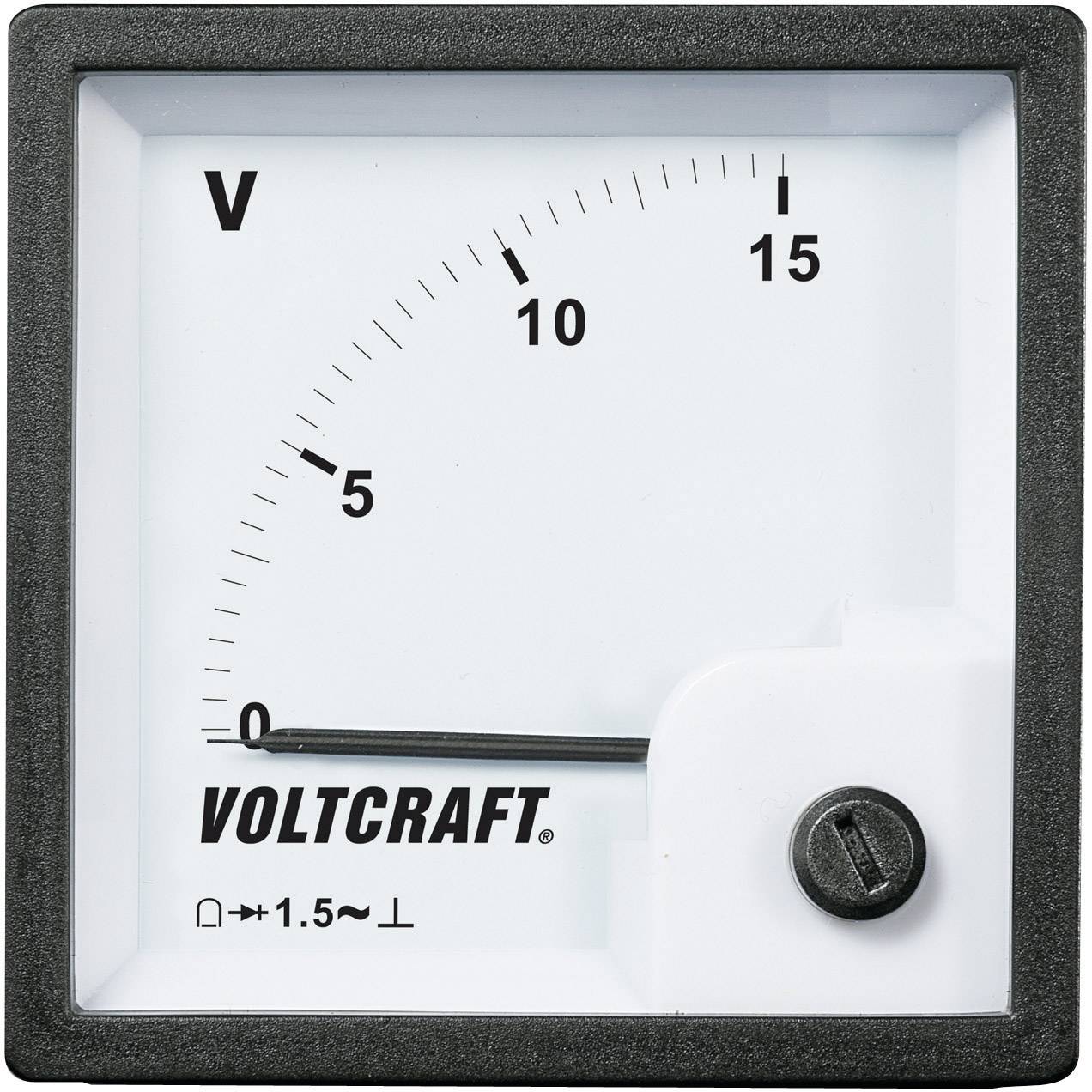 Analogový voltmetr se stupnicí od 0 do 15 voltů, značka 'Voltcraft', černý rámeček, ručička ukazuje na 0.