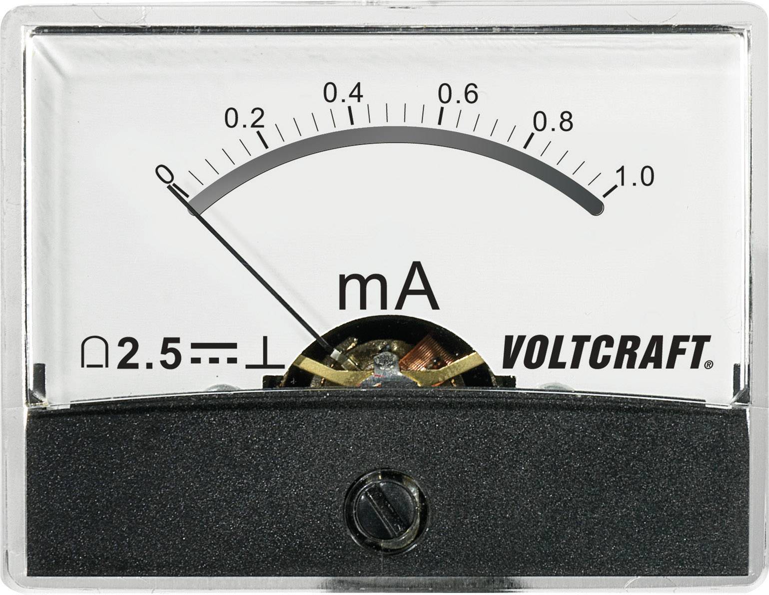 Analogový ampérmetr se stupnicí do 1,0 mA. Ručka ukazuje na 0,2 mA. Značka: Voltcraft. Symbol stejnosměrného proudu na levé straně.