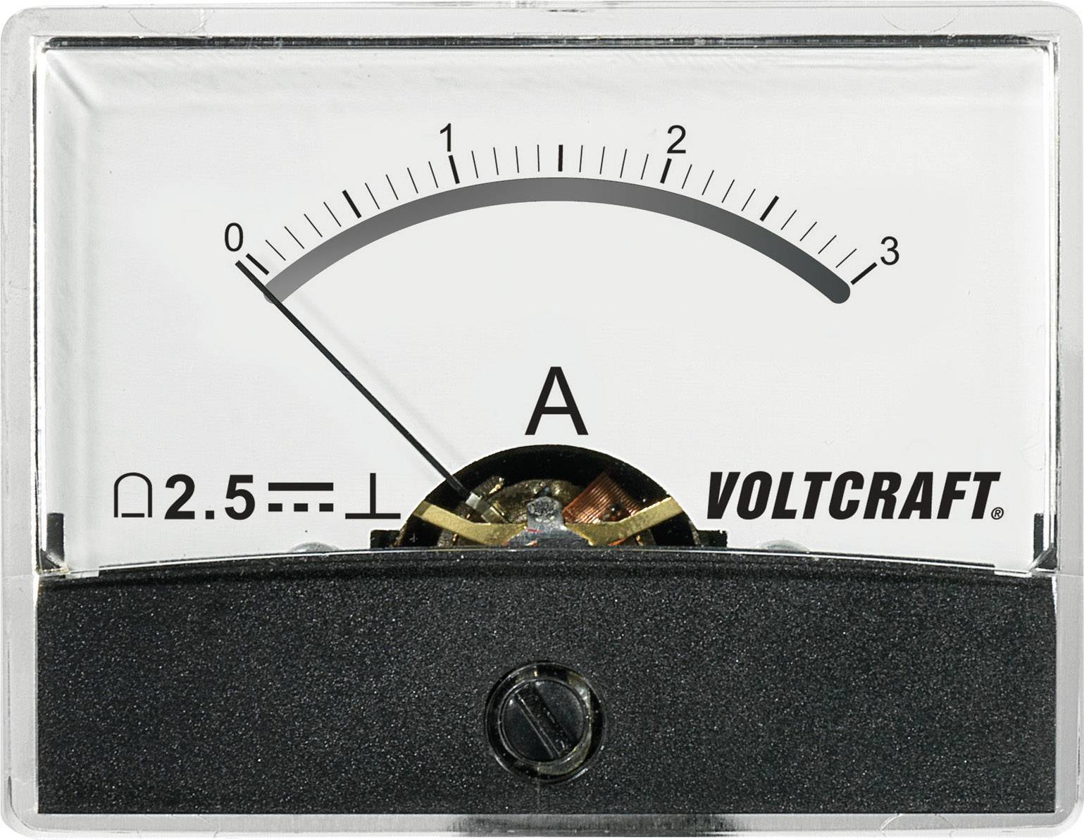 Analogový ampérmetr ukazuje proud 0,7 ampéru. Stupnice od 0 do 3 ampérů, značka 'Voltcraft'.