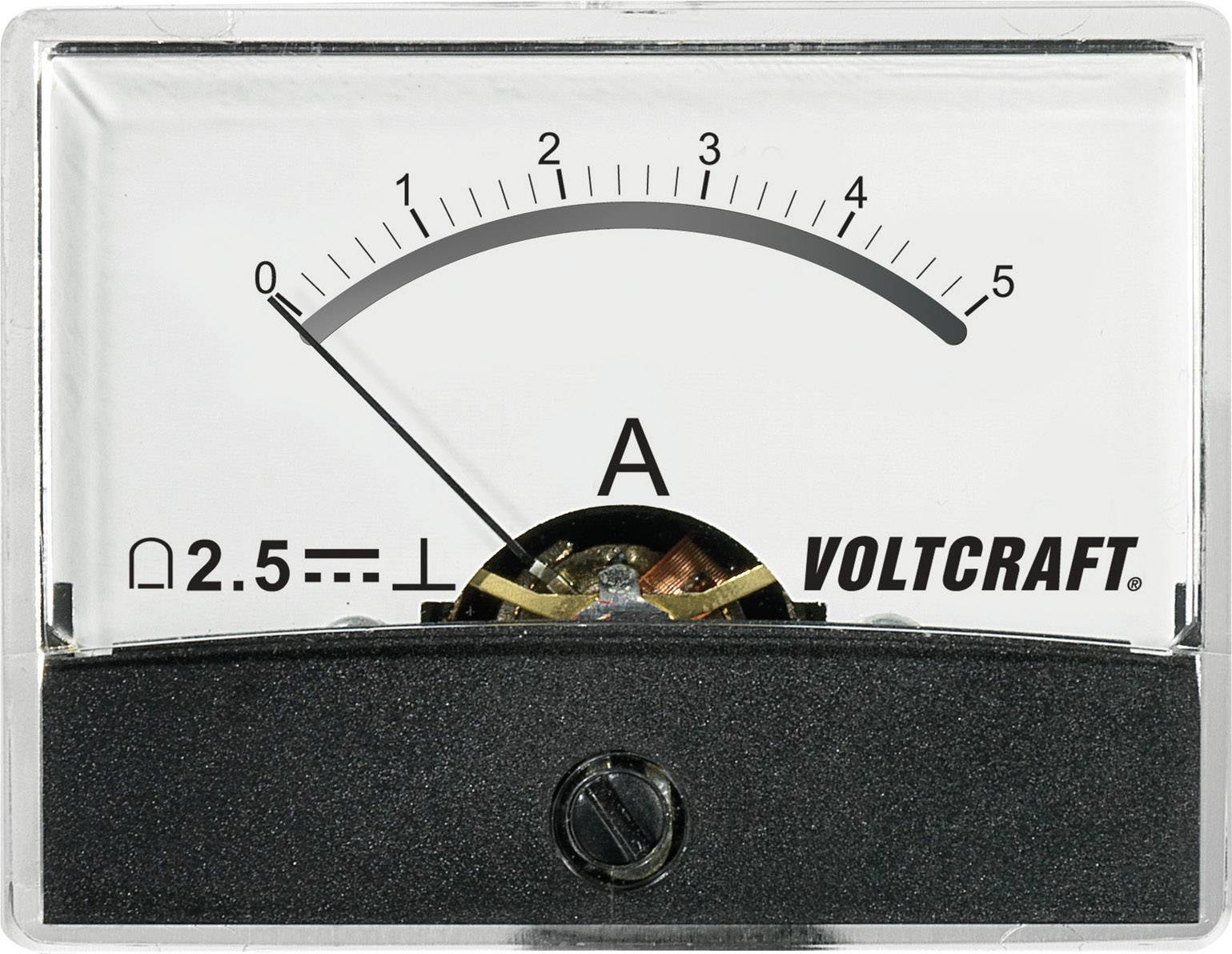 Analogový ampérmetr s logem Voltcraft ukazuje proud 0 ampérů na stupnici od 0 do 5.