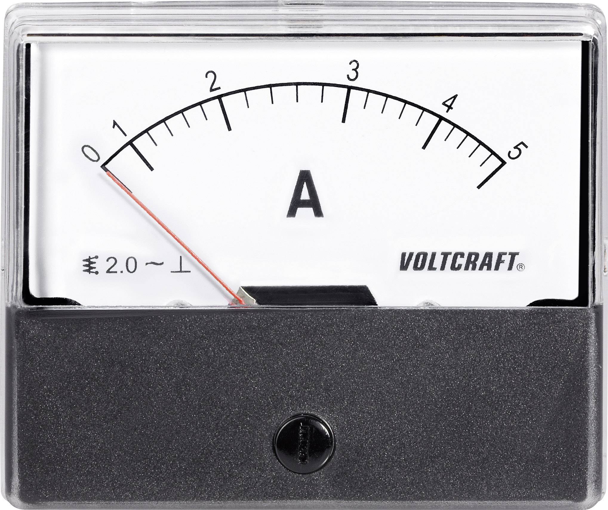 Analogový ampérmetr od Voltcraftu se stupnicí od 0 do 5 ampérů, ukazuje 1,0 ampéru.