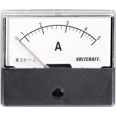 Analogový ampérmetr od Voltcraftu se stupnicí od 0 do 5 ampérů, ukazuje 1,0 ampéru.