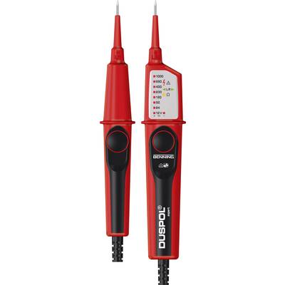 Dva červené měřiče napětí s černými rukojeti, jeden zobrazuje stupnici s různými hodnotami napětí od 12V do 1000V.