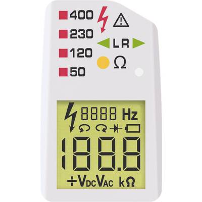 Elektronický měřicí přístroj zobrazuje vstupní napětí 400 V, 230 V, 120 V, 50 V a symboly pro Hz, Ω, DC a AC.