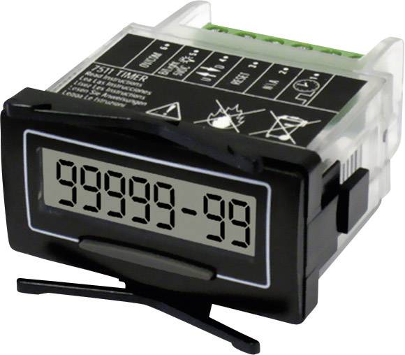 Elektronický timer s digitálním displejem zobrazujícím '99999-99'. Pouzdro z černého plastu, vhodné pro montáž do panelu.