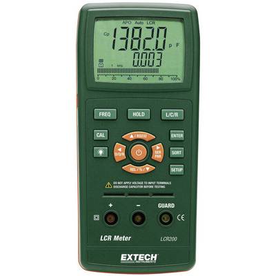 Ruční měřicí přístroj s displejem zobrazujícím '13920 pF', tlačítky pro funkce jako 'CAL', 'HOLD', 'L/C/R', pod nimi text 'LCR Meter LCR200'.