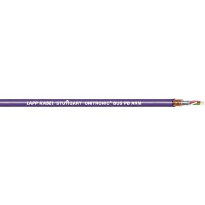 Fialový kabel s označením 'Lapp Kabel Stuttgart UNITRONIC® BUS PB Arm', jsou viditelné konce vodičů v různých barvách.